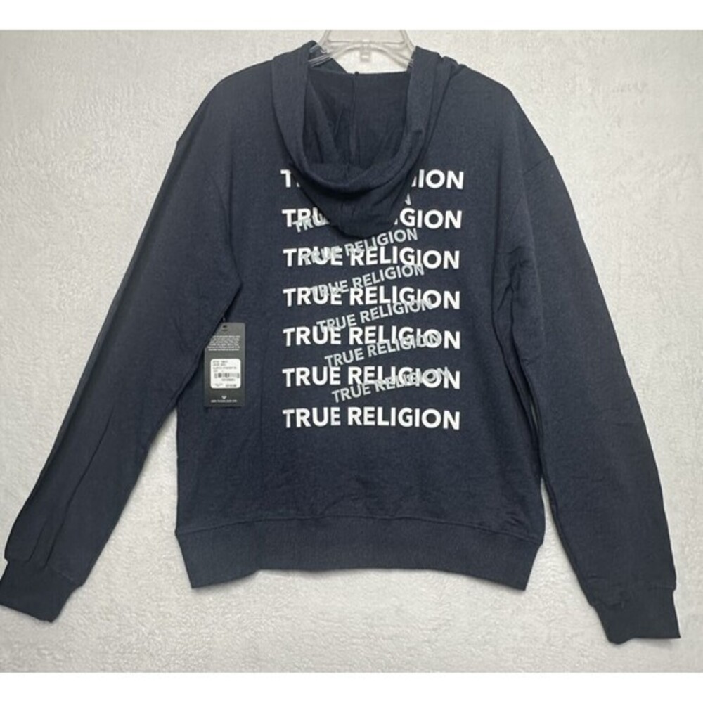 True Religion Jeans Hoodie‎ Pullover Blue Horseshoe Logo Spelled Out Size L NWT